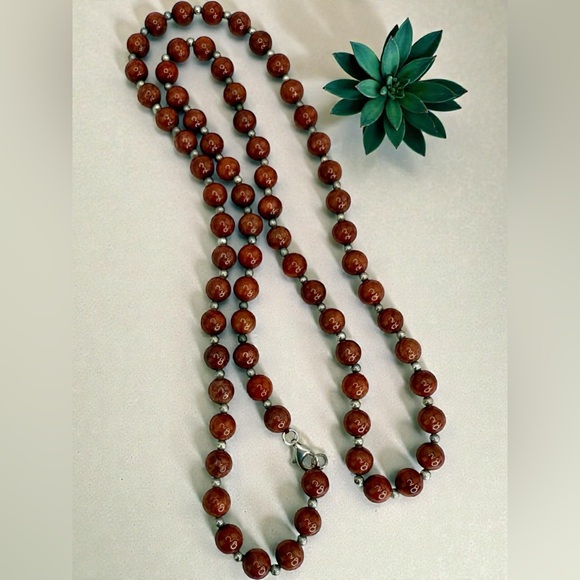Sterling Silver Red Jasper Beaded Necklace – 30” Natural Gemstone Strand - Picture 13 of 17